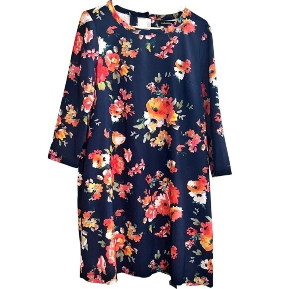 Navy and orange floral shift dress with pockets size medium